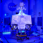 The metallic front of the VIPER lunar rover in a NASA lab